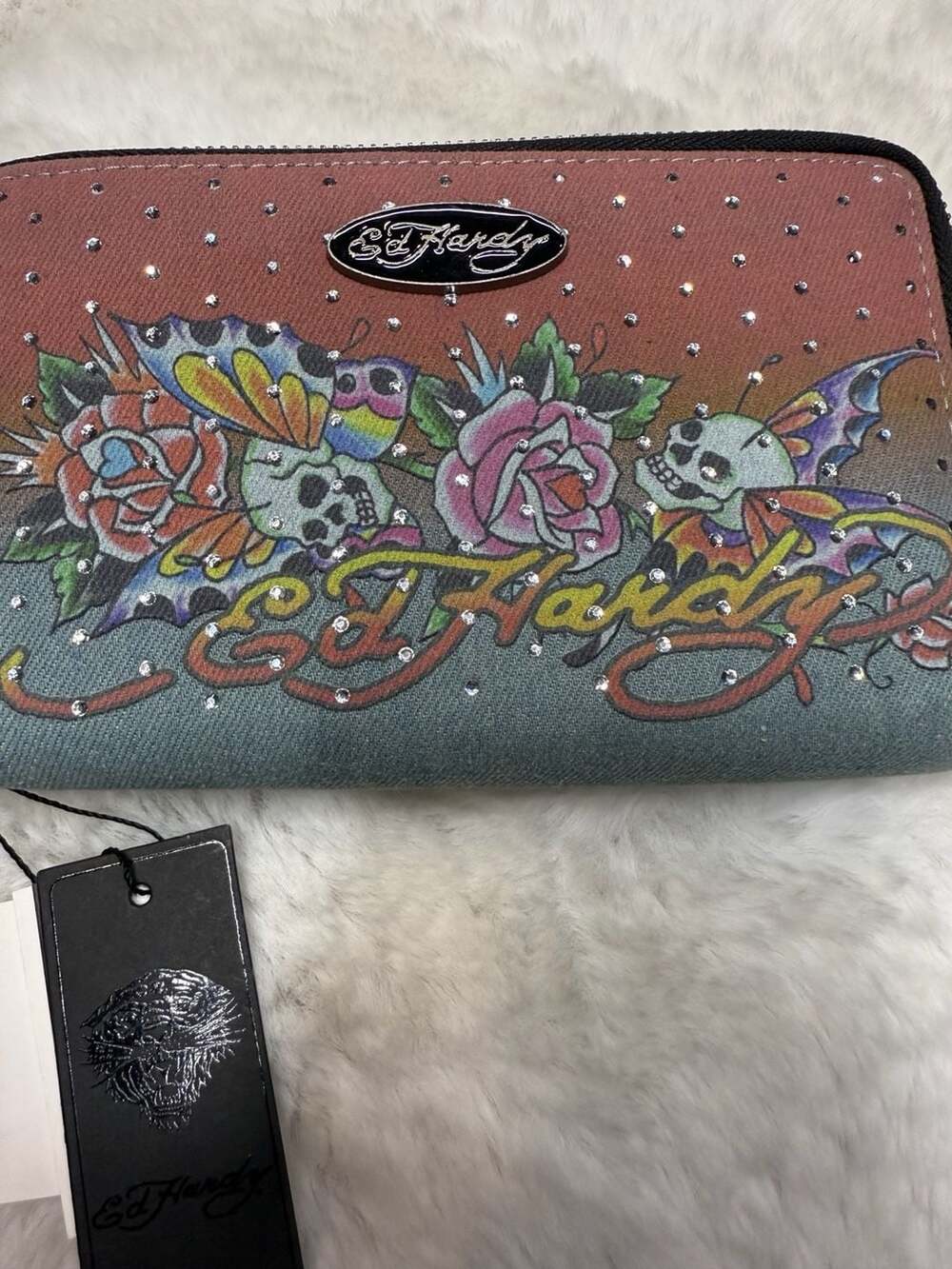 Ed Hardy Women's Denim Zip Around Wristlet Wallet with Skull and Rose Graphic
